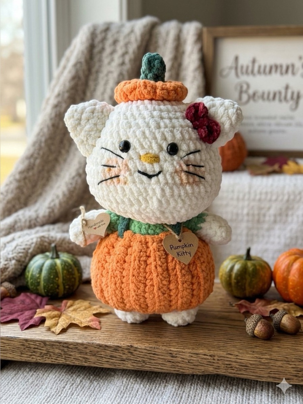 Handmade White & Orange Plush Hello kitty in Pumpkin Outfit - Cute Fall Pet Toy